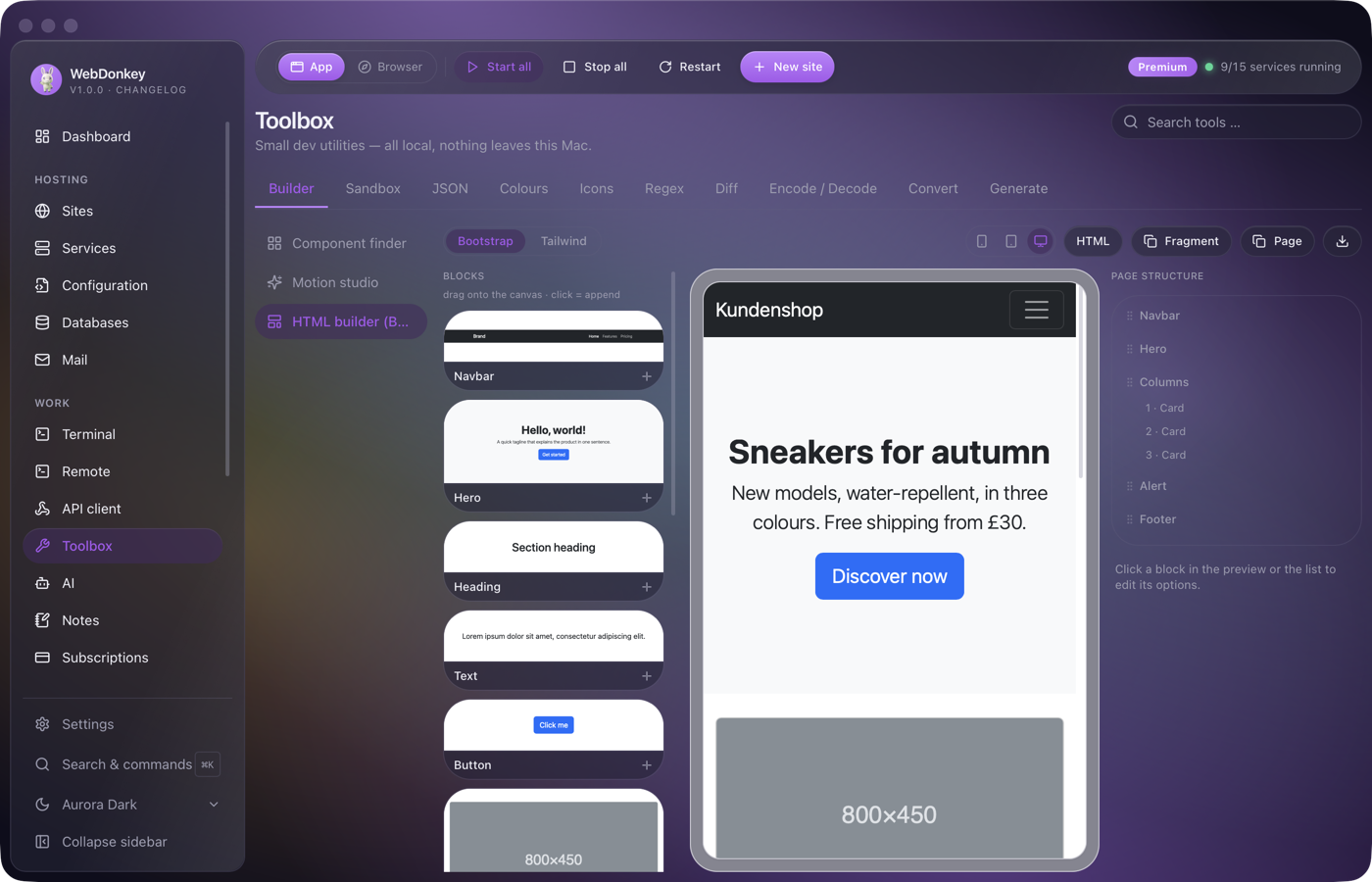 HTML builder with the block palette on the left, preview in the middle and inspector on the right