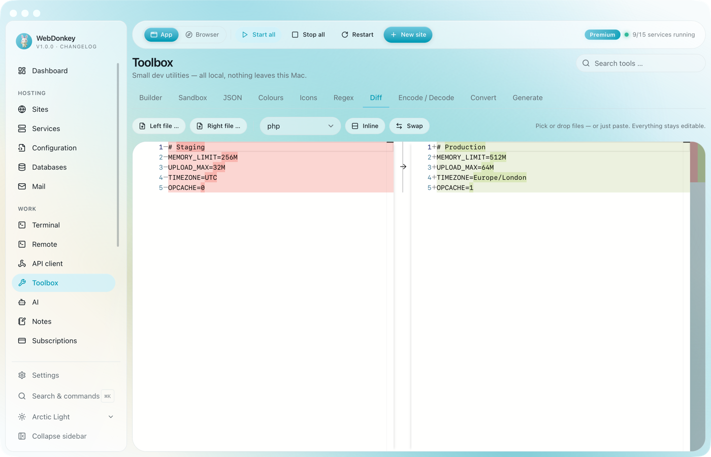 Diff tool with two text versions side by side and highlighted changes