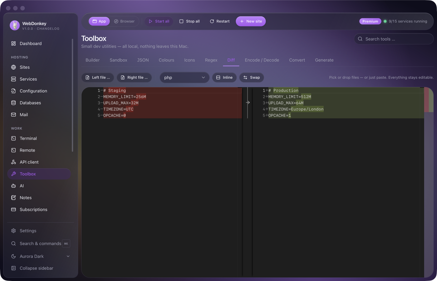 Diff tool with two text versions side by side and highlighted changes