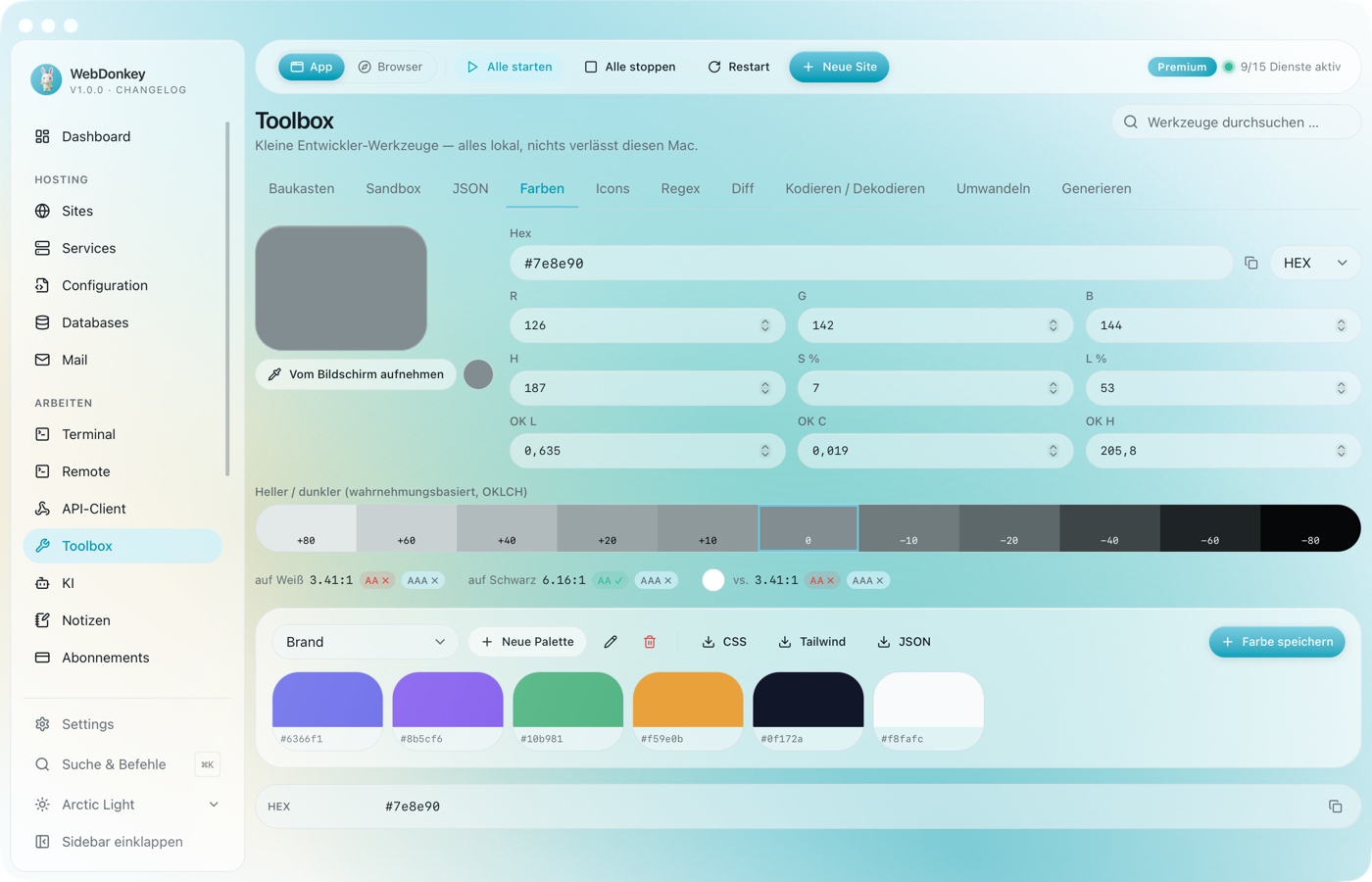 Farbwerkzeug mit einer Palette und den Kontrastwerten je Farbe