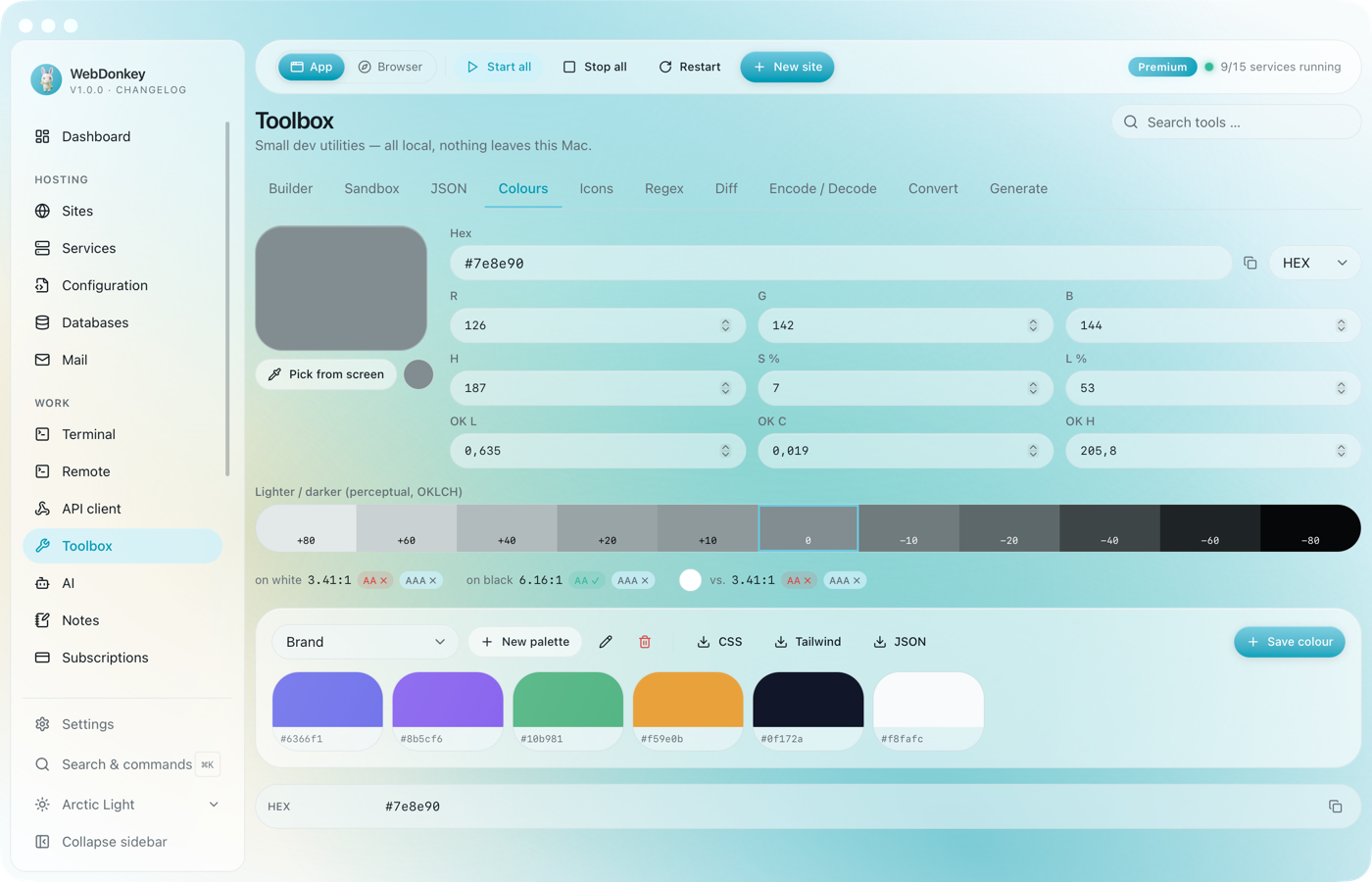 Colour tool with a palette and the contrast value of each colour