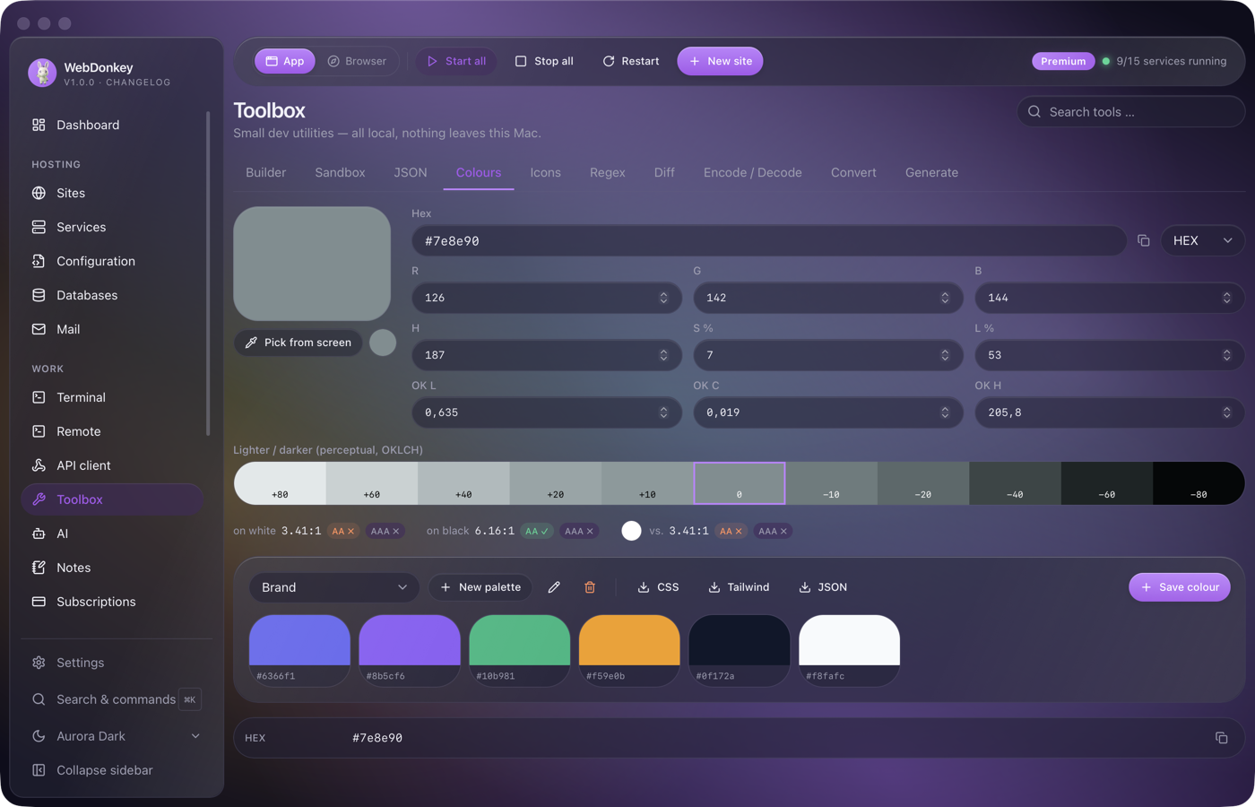 Colour tool with a palette and the contrast value of each colour