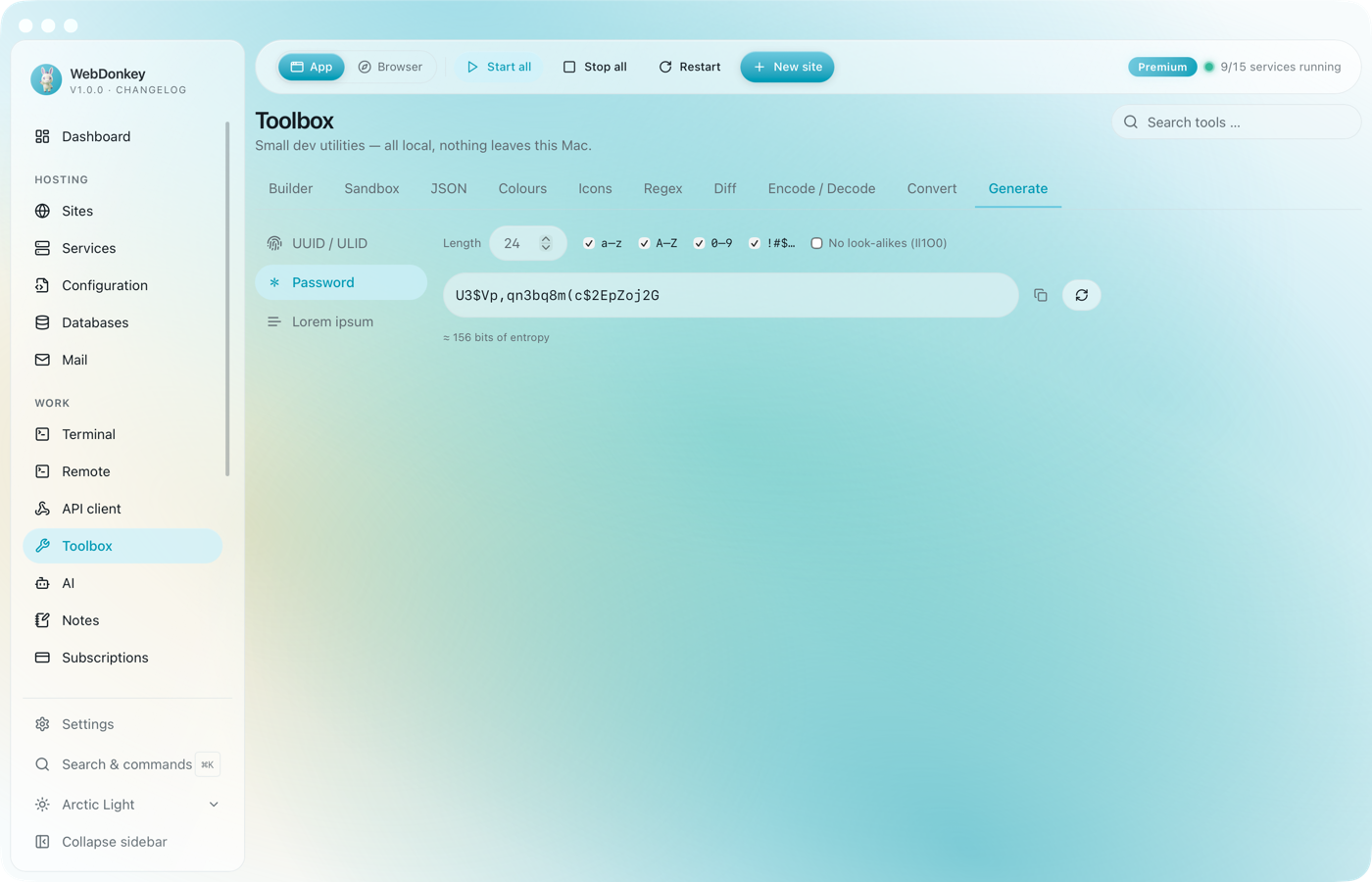 Password generator with length, character classes and several generated passwords