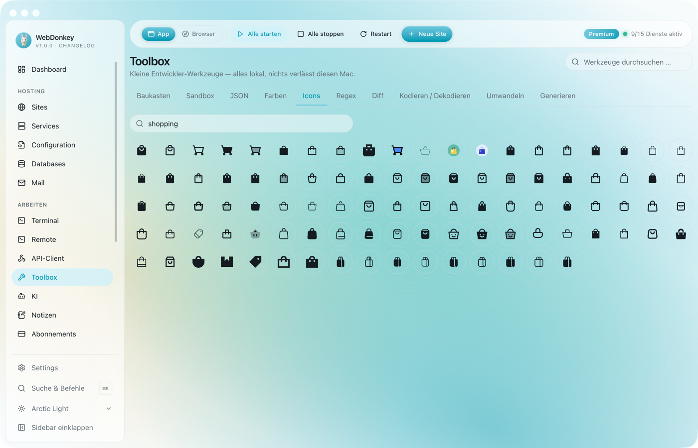 Icon-Browser mit Suchtreffern in einem Raster und einem Detailbereich mit Lizenzhinweis