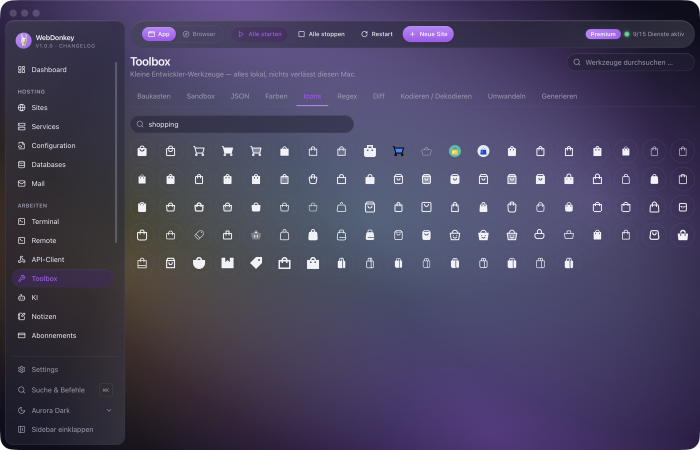 Icon-Browser mit Suchtreffern in einem Raster und einem Detailbereich mit Lizenzhinweis