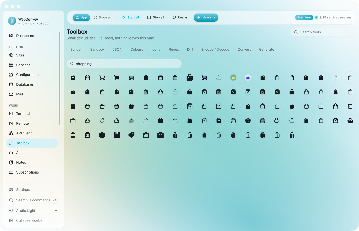 Icon browser with search results in a grid and a detail area with a licence note