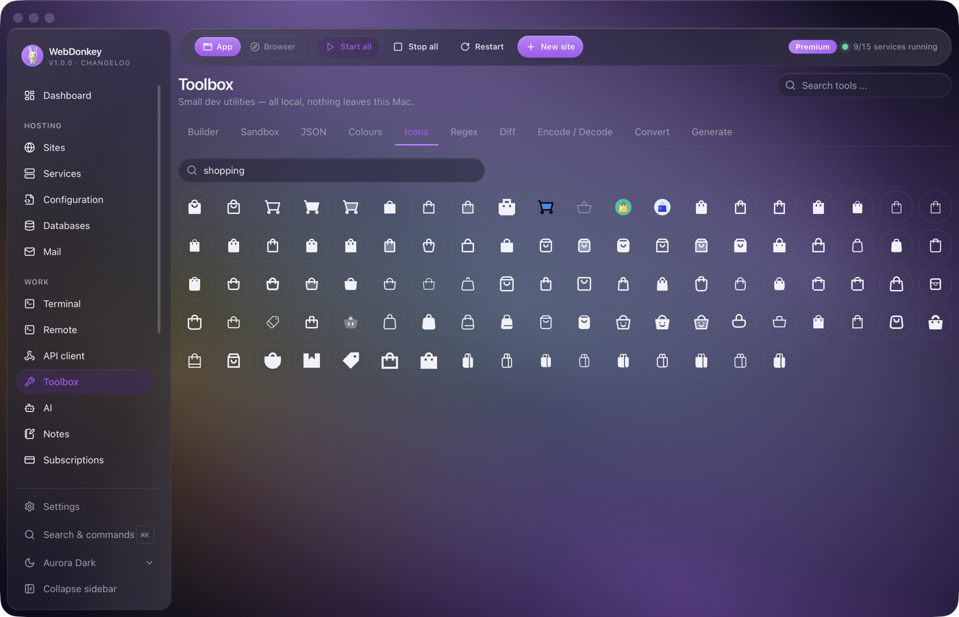 Icon browser with search results in a grid and a detail area with a licence note