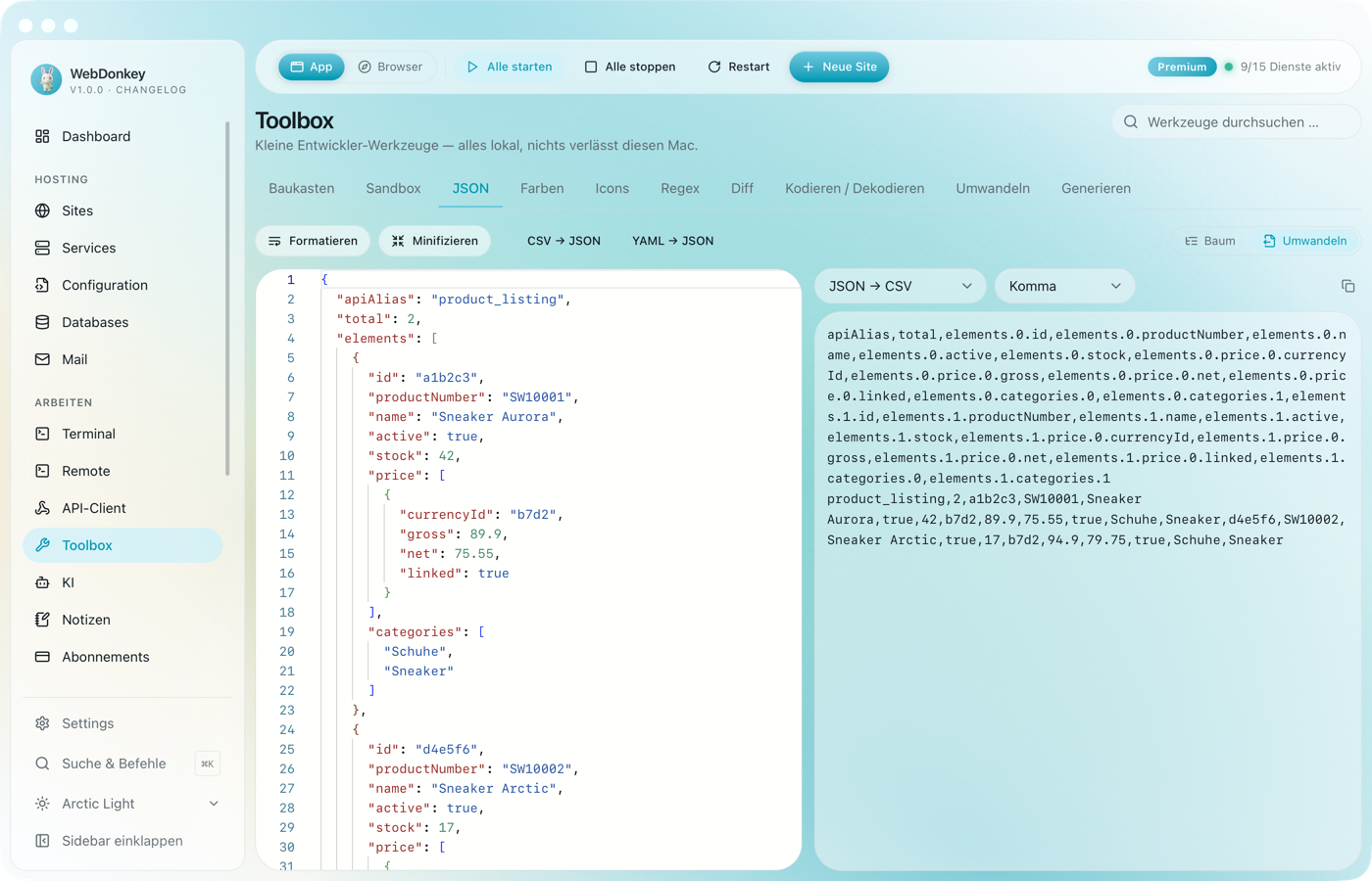 JSON-Werkzeug mit einer Produktliste als aufklappbarem Baum