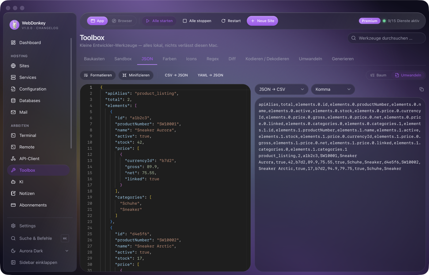 JSON-Werkzeug mit einer Produktliste als aufklappbarem Baum