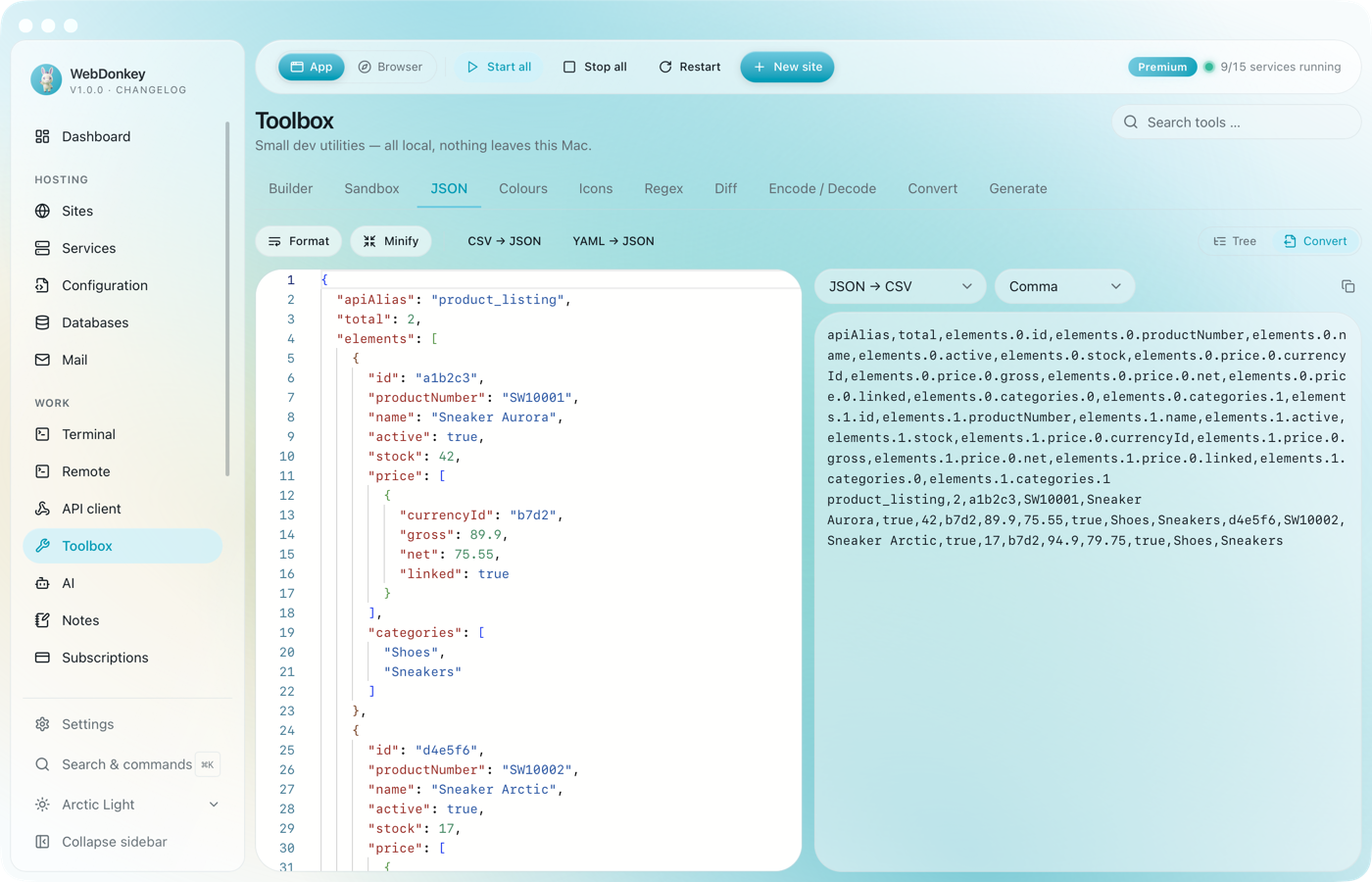 JSON tool with a product list as an expandable tree