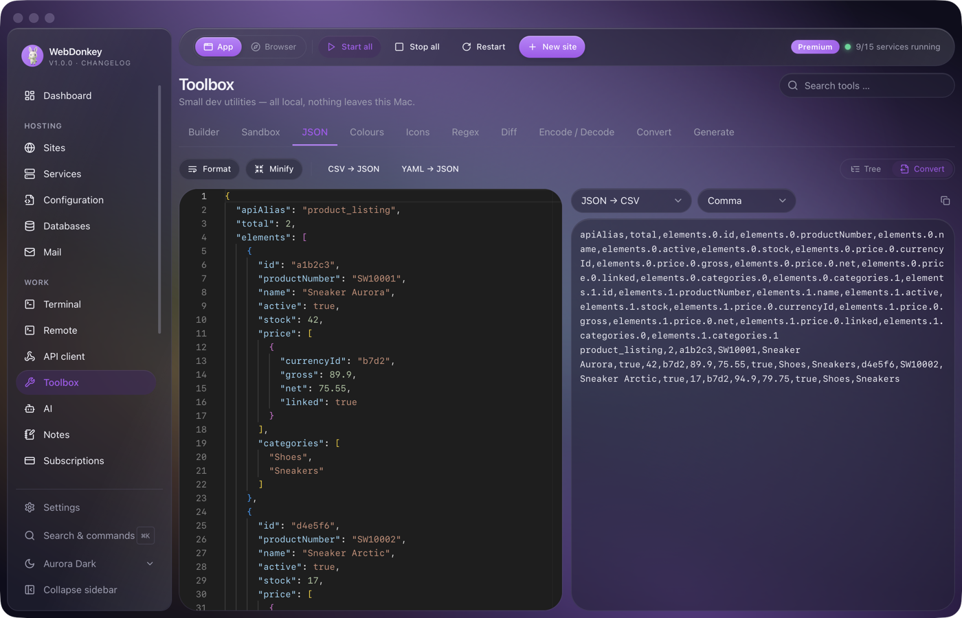 JSON tool with a product list as an expandable tree