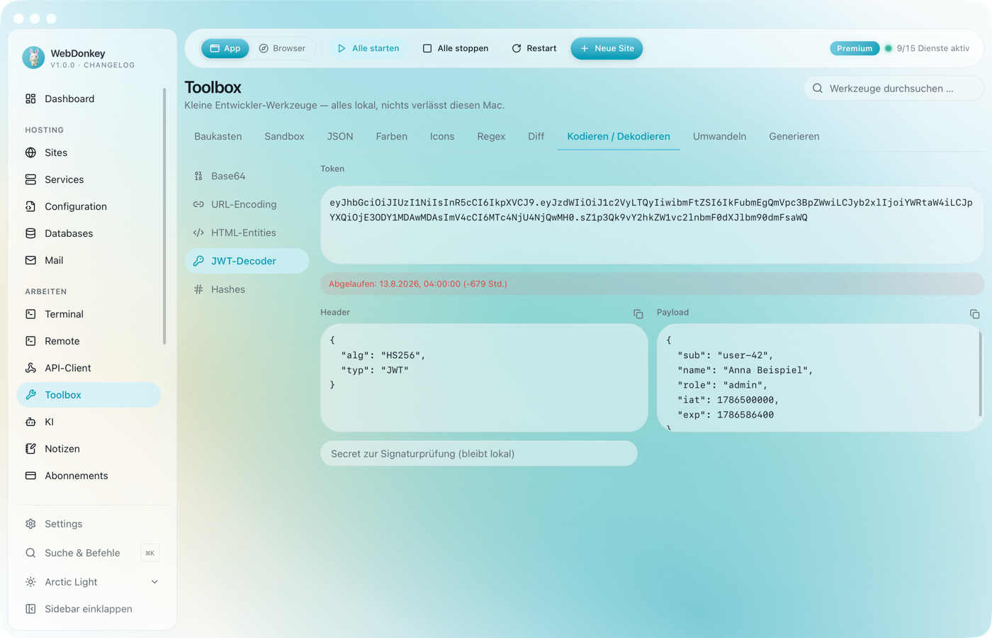 JWT-Decoder mit Token oben und dekodiertem Header und Payload darunter