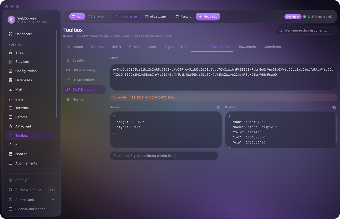 JWT-Decoder mit Token oben und dekodiertem Header und Payload darunter