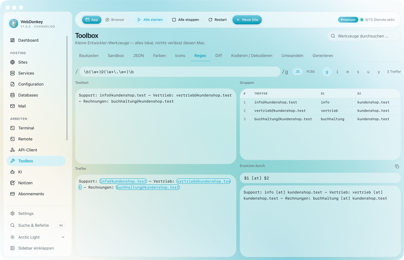 Regex-Tester mit Muster, markierten Treffern im Text und einer Gruppentabelle