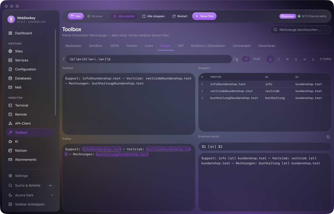 Regex-Tester mit Muster, markierten Treffern im Text und einer Gruppentabelle