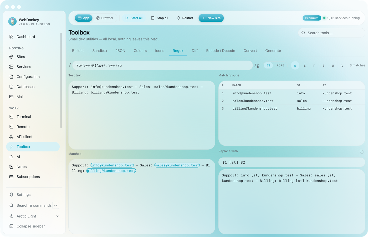 Regex tester with a pattern, highlighted matches in the text and a group table
