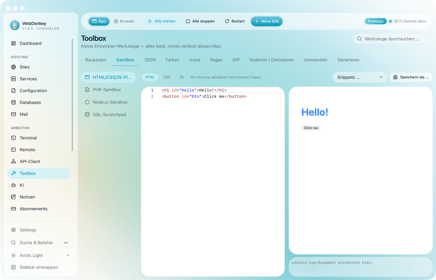 Web-Playground mit HTML-, CSS- und JS-Editoren links und Live-Vorschau rechts