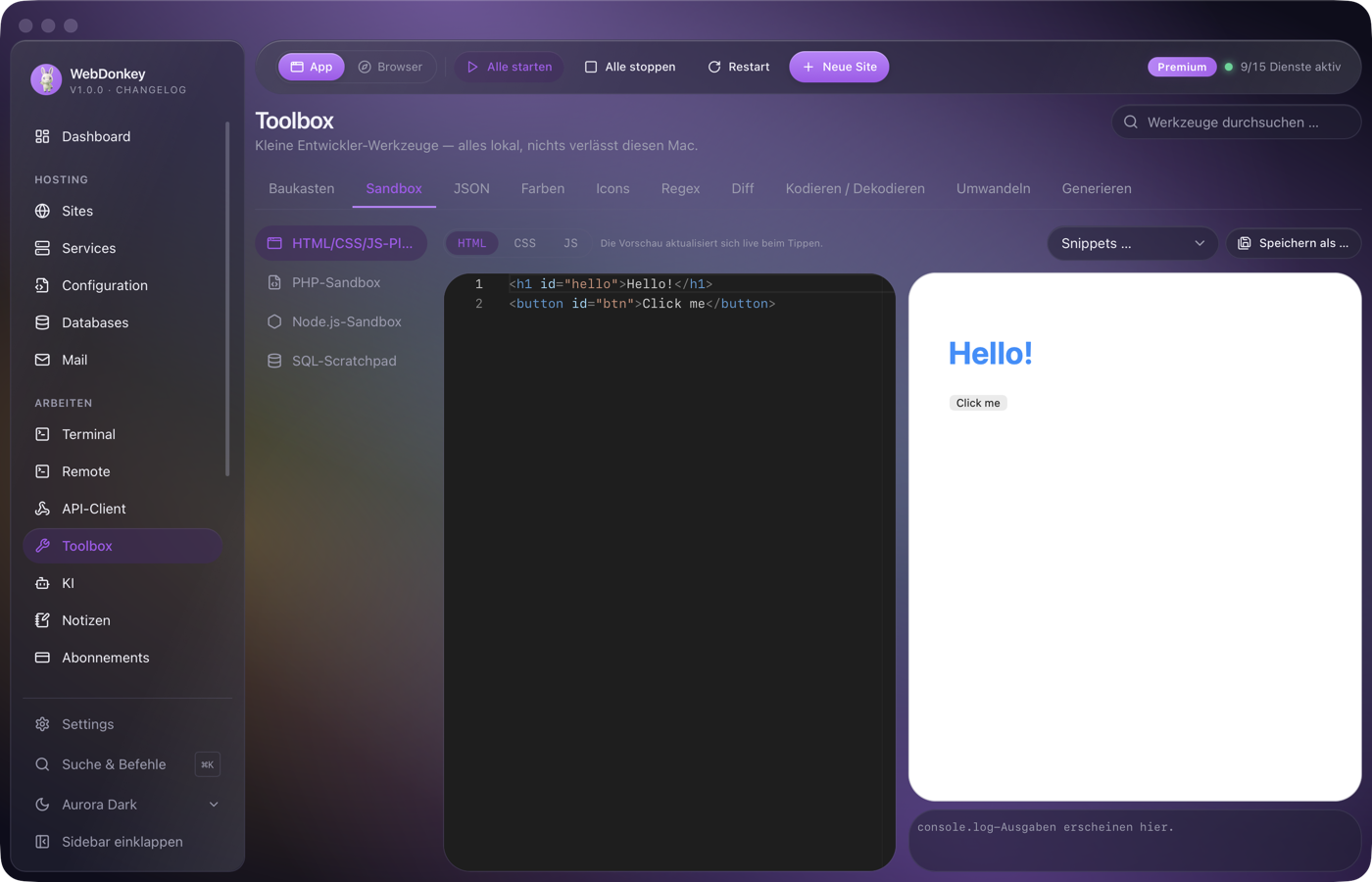 Web-Playground mit HTML-, CSS- und JS-Editoren links und Live-Vorschau rechts