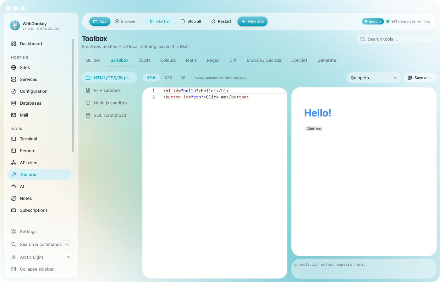 Web playground with HTML, CSS and JS editors on the left and a live preview on the right