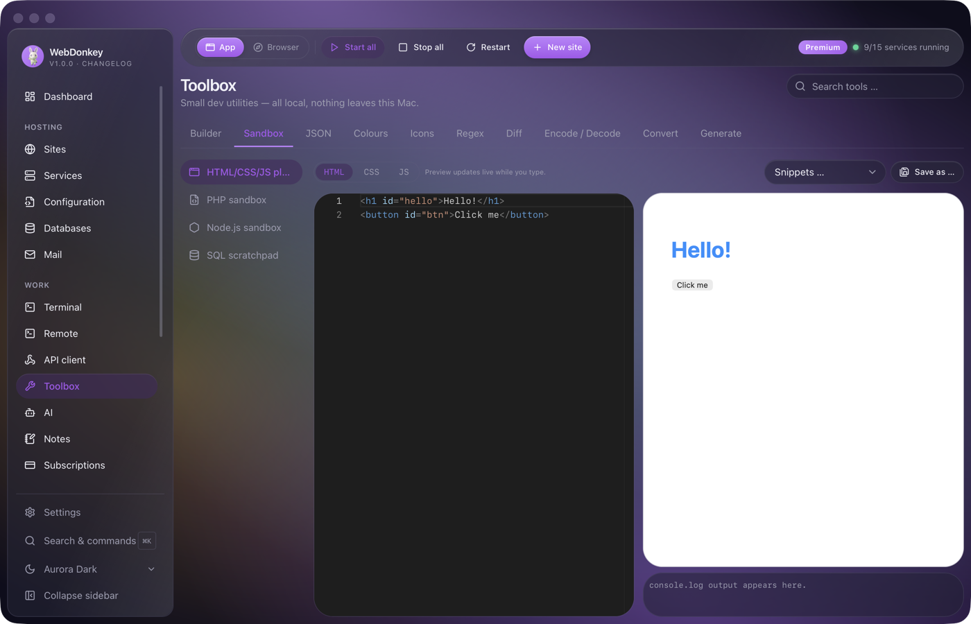 Web playground with HTML, CSS and JS editors on the left and a live preview on the right