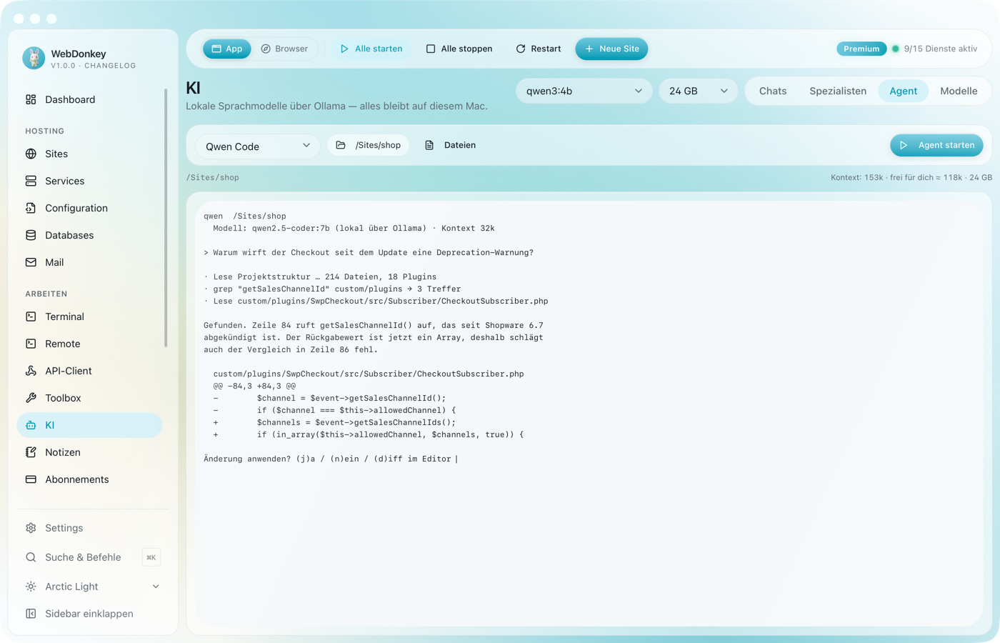 Agent-Tab mit einem laufenden Coding-Agenten im eingebetteten Terminal