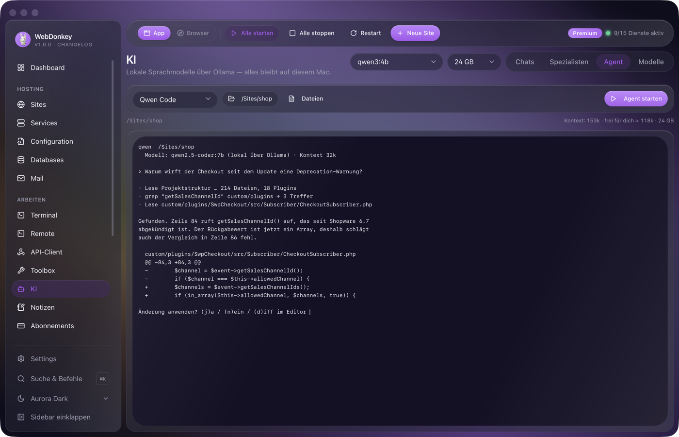 Agent-Tab mit einem laufenden Coding-Agenten im eingebetteten Terminal