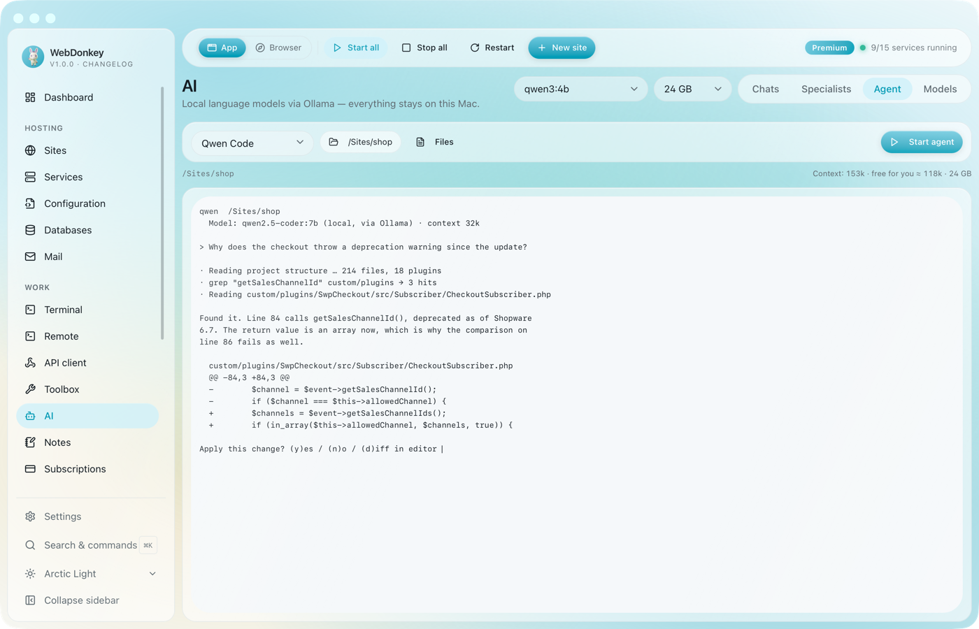 Agent tab with a coding agent running in the embedded terminal