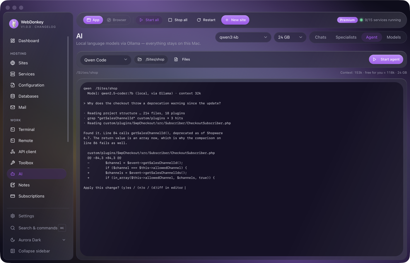 Agent tab with a coding agent running in the embedded terminal