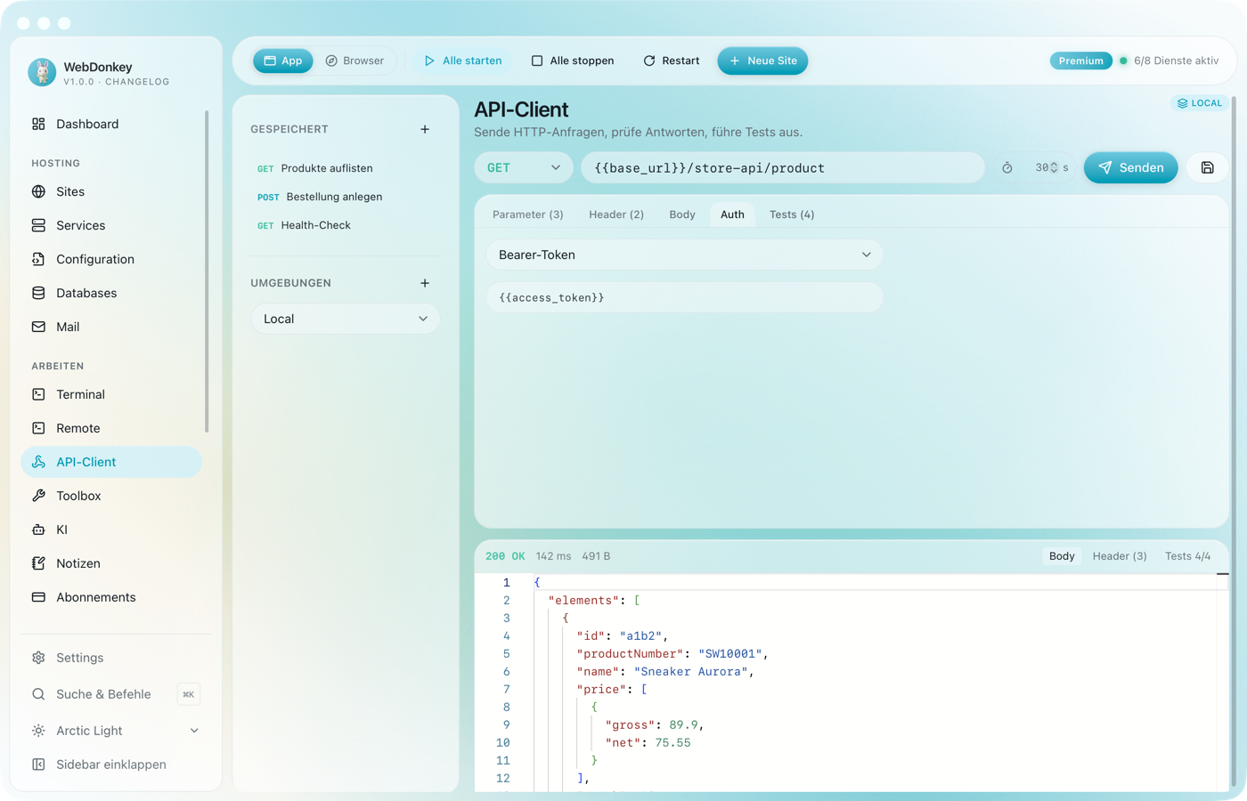API-Client mit dem Auth-Tab und einem Bearer-Token als Variable