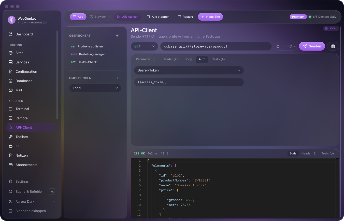 API-Client mit dem Auth-Tab und einem Bearer-Token als Variable