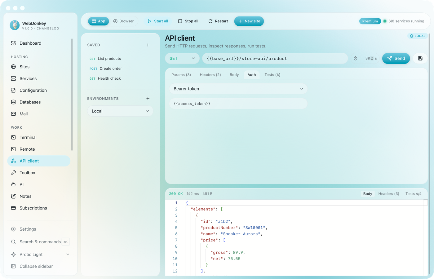 API client on the Auth tab with a bearer token as a variable