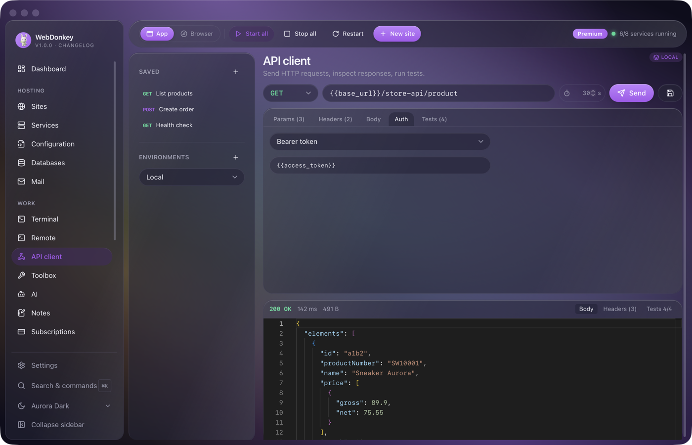 API client on the Auth tab with a bearer token as a variable