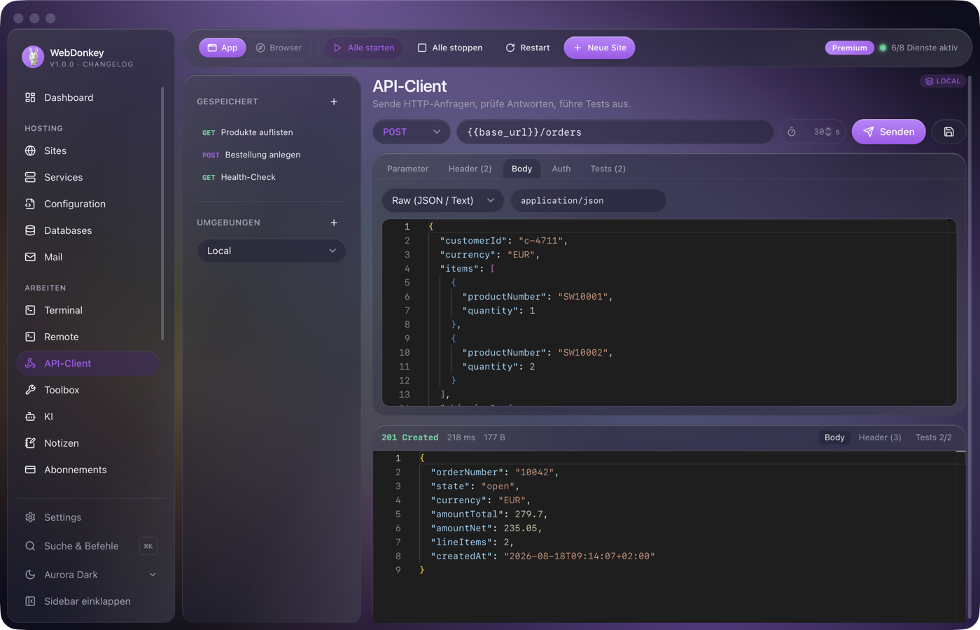 API-Client mit dem Body-Tab und einem JSON-Body für einen POST-Request