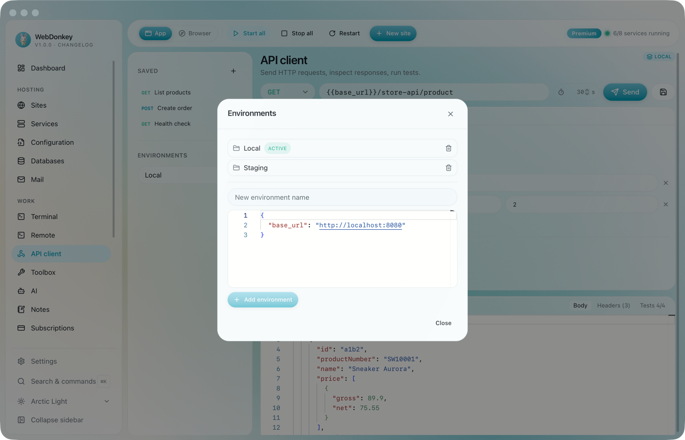 The API client environment manager with Local and Staging