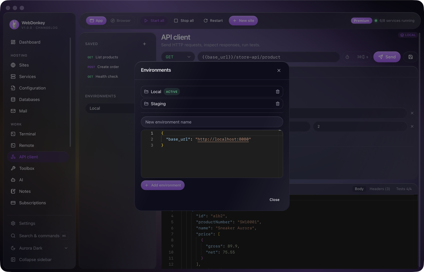 The API client environment manager with Local and Staging