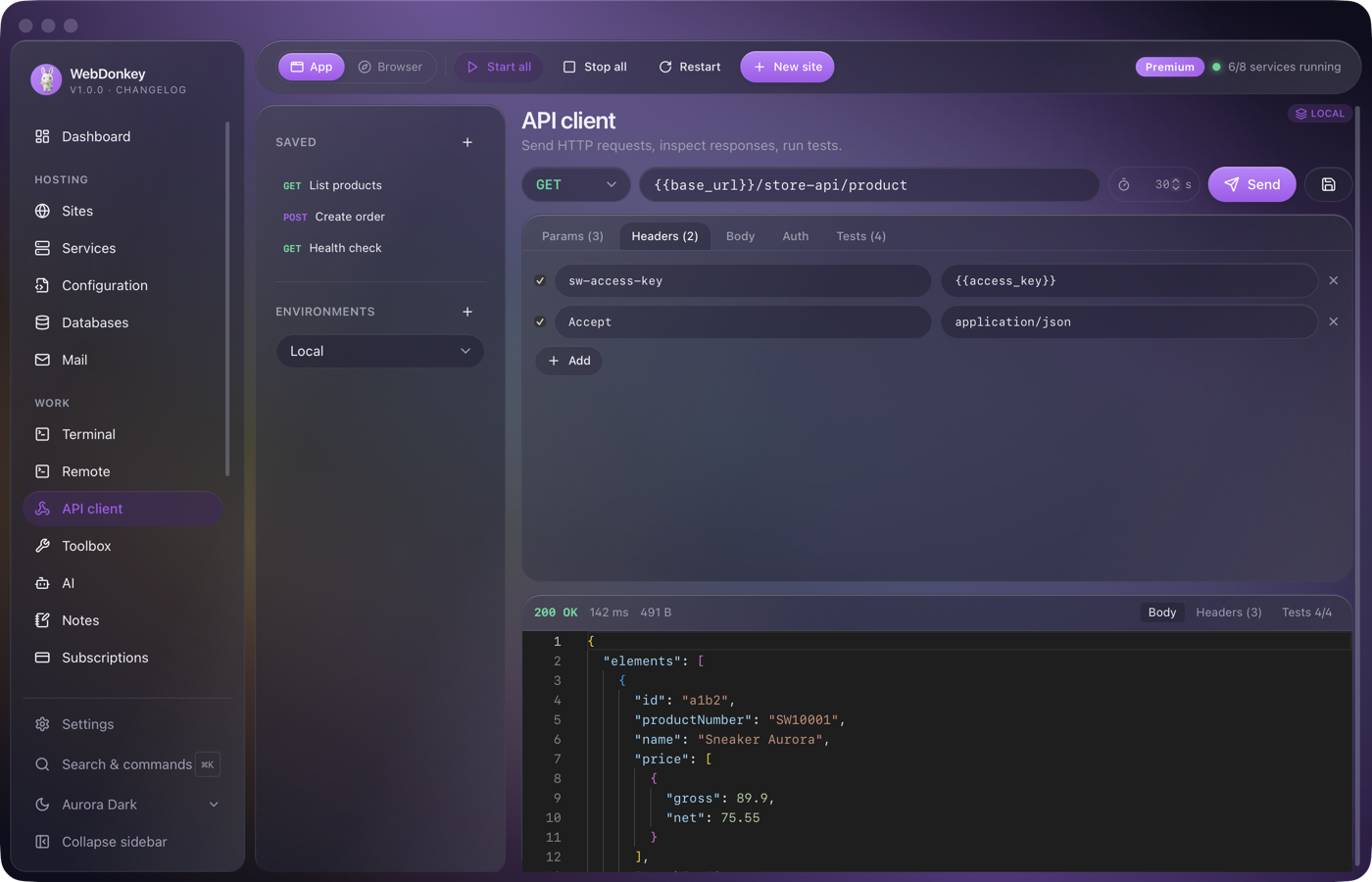 API client on the Headers tab with two headers set
