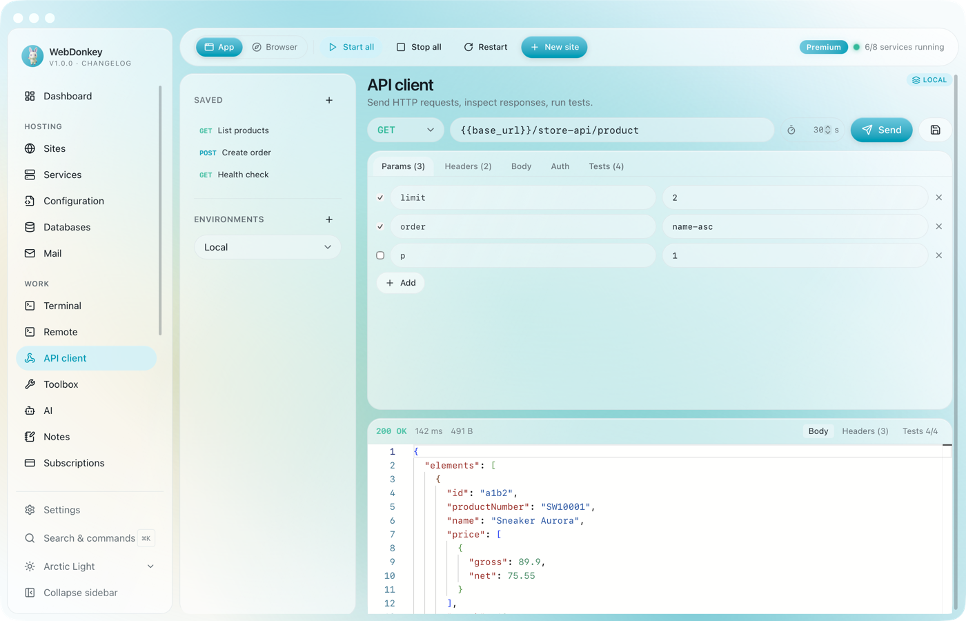 API client on the Params tab with three query parameters