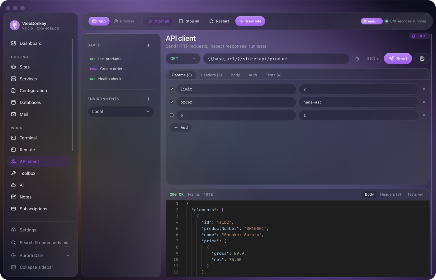 API client on the Params tab with three query parameters