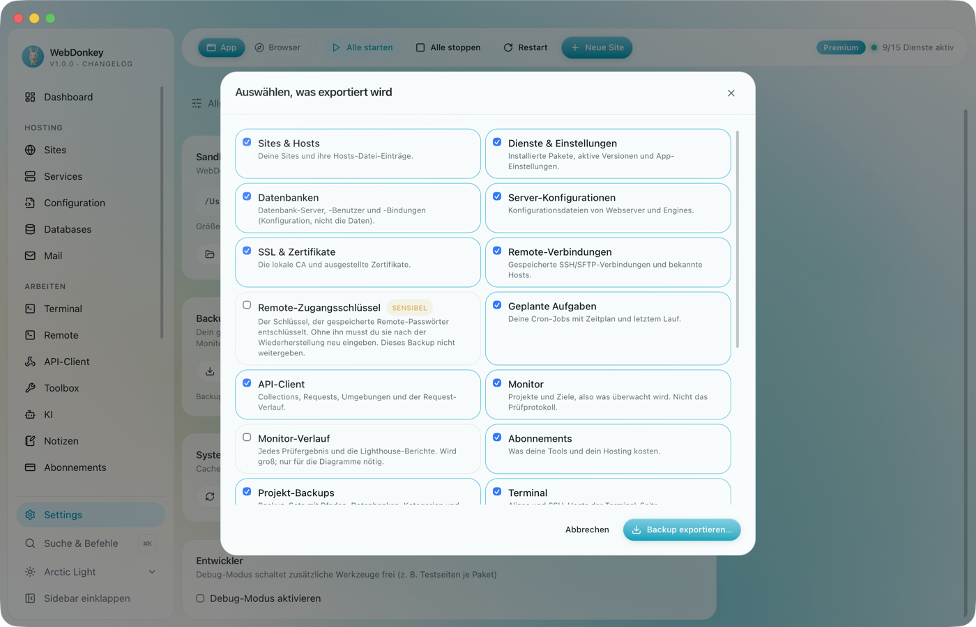 Der Export-Dialog des App-Backups mit den Kategorien in zwei Spalten, einige mit Häkchen, der Remote-Schlüssel als sensibel markiert