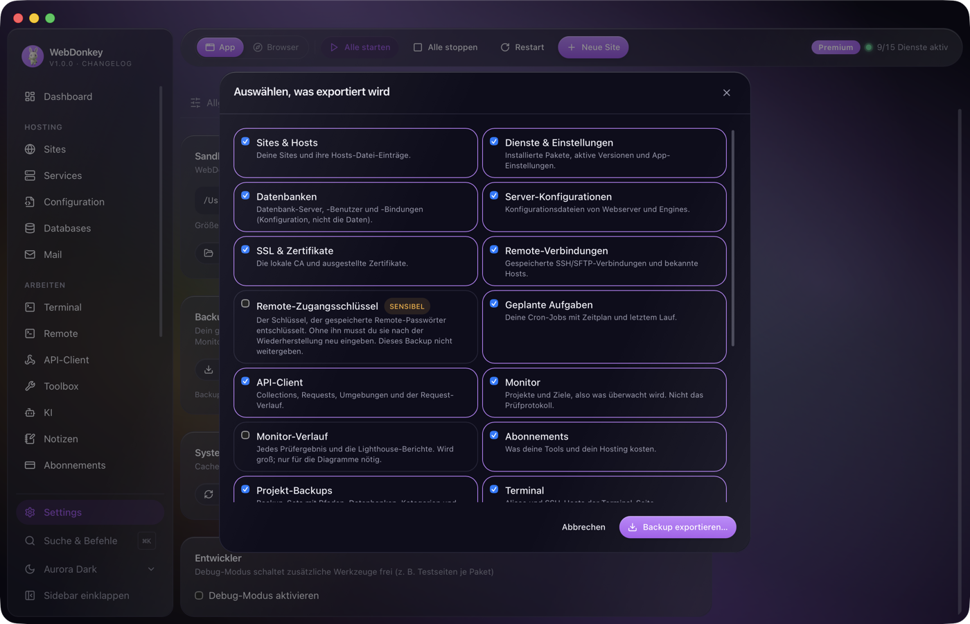 Der Export-Dialog des App-Backups mit den Kategorien in zwei Spalten, einige mit Häkchen, der Remote-Schlüssel als sensibel markiert