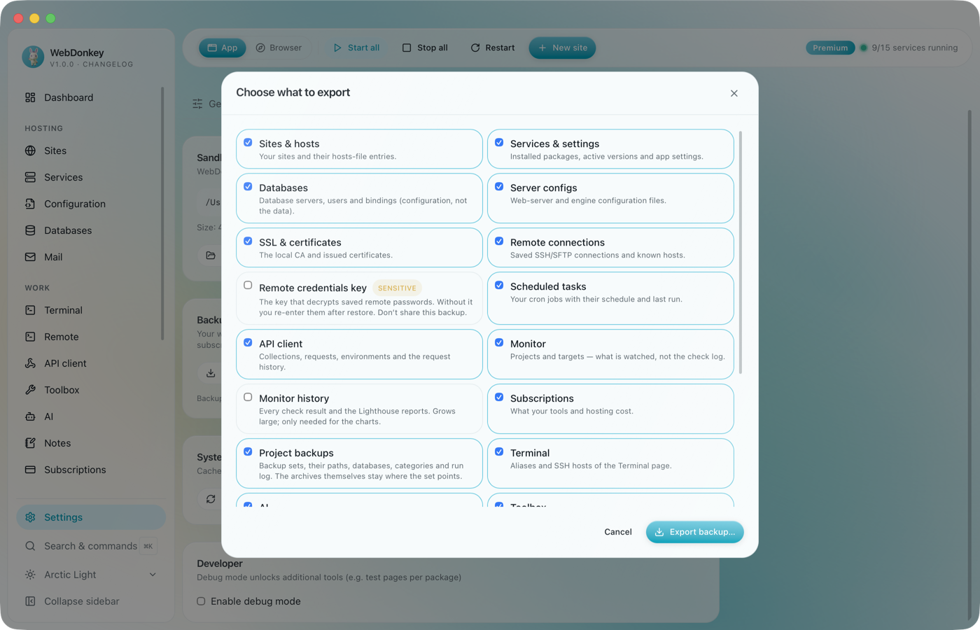 The app backup export dialog with the categories in two columns, some ticked, the remote key marked as sensitive