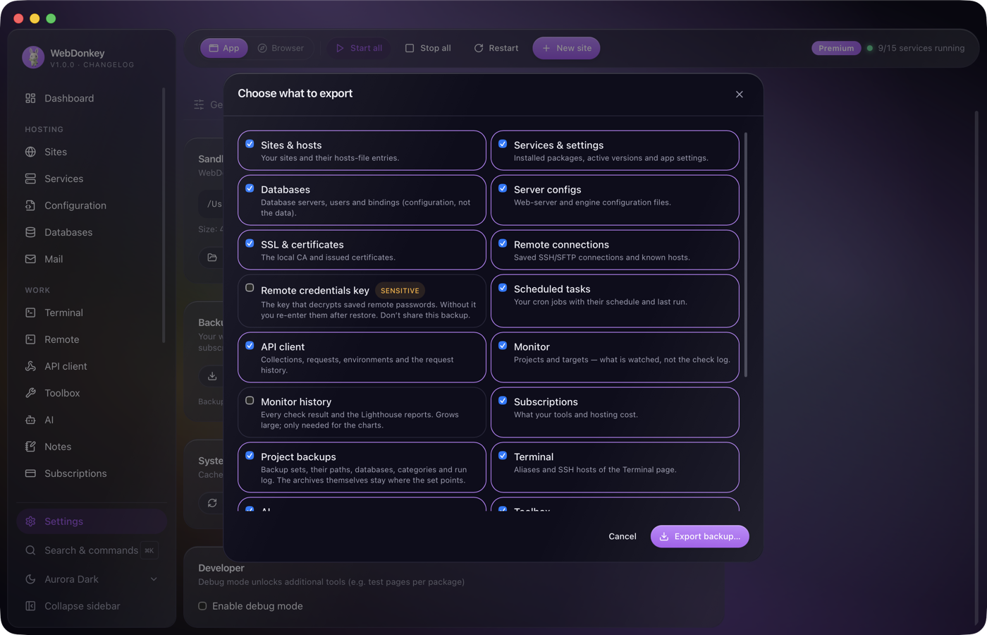 The app backup export dialog with the categories in two columns, some ticked, the remote key marked as sensitive