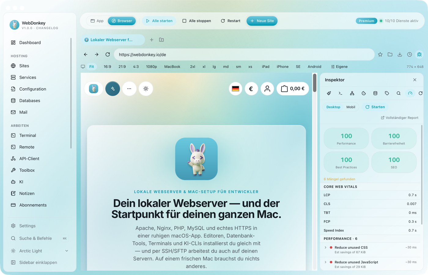 Lighthouse-Bericht im Inspektor mit vier Score-Ringen und den Web Vitals