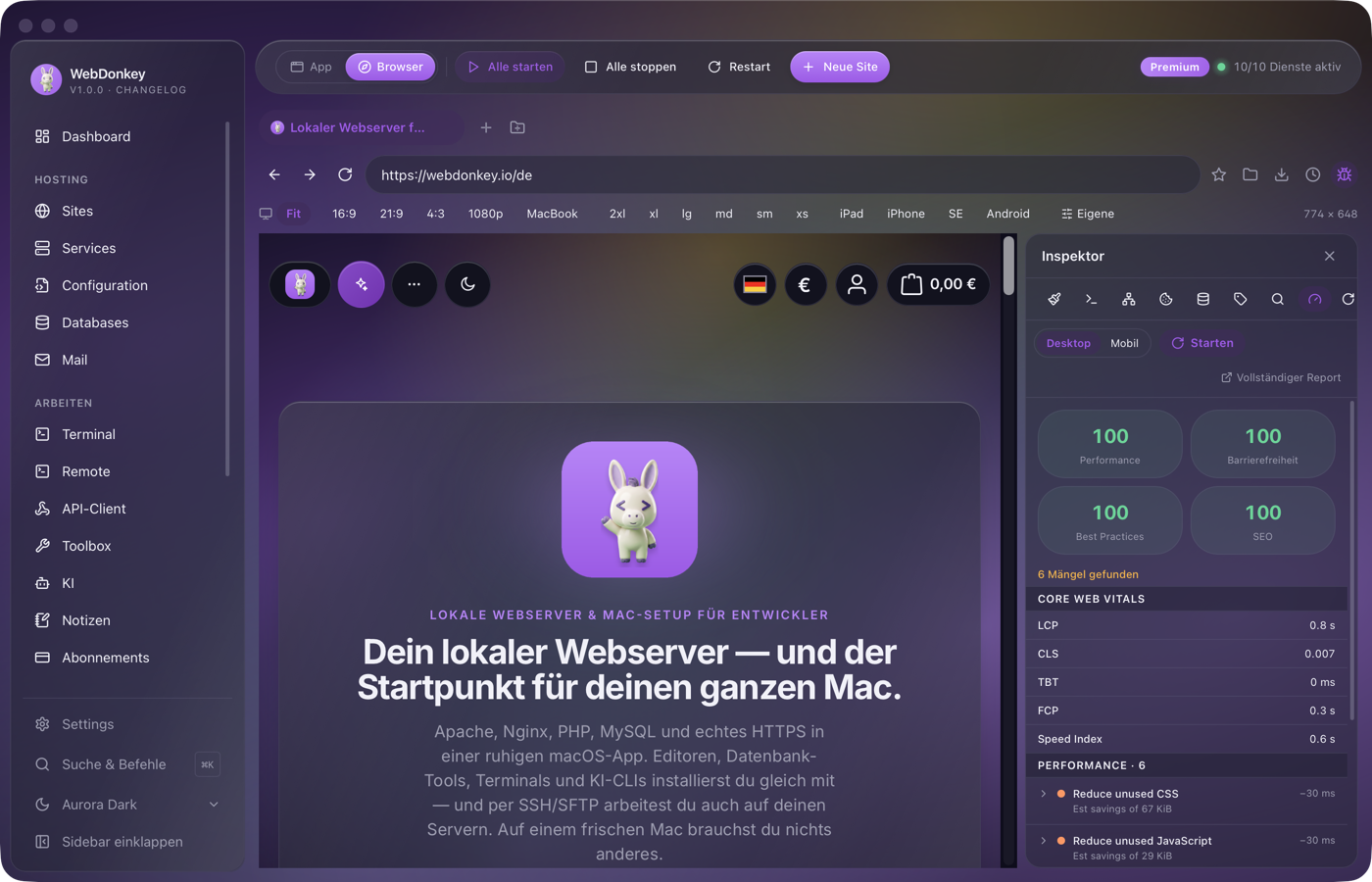 Lighthouse-Bericht im Inspektor mit vier Score-Ringen und den Web Vitals