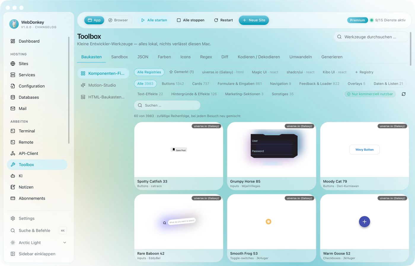 Toolbox mit dem Komponenten-Finder: ein Raster aus UI-Bausteinen mehrerer Registries, Kategorie-Chips darüber