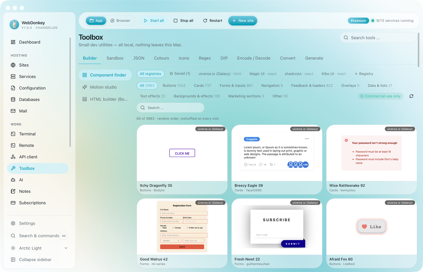 Toolbox with the component finder: a grid of UI building blocks from several registries, category chips above