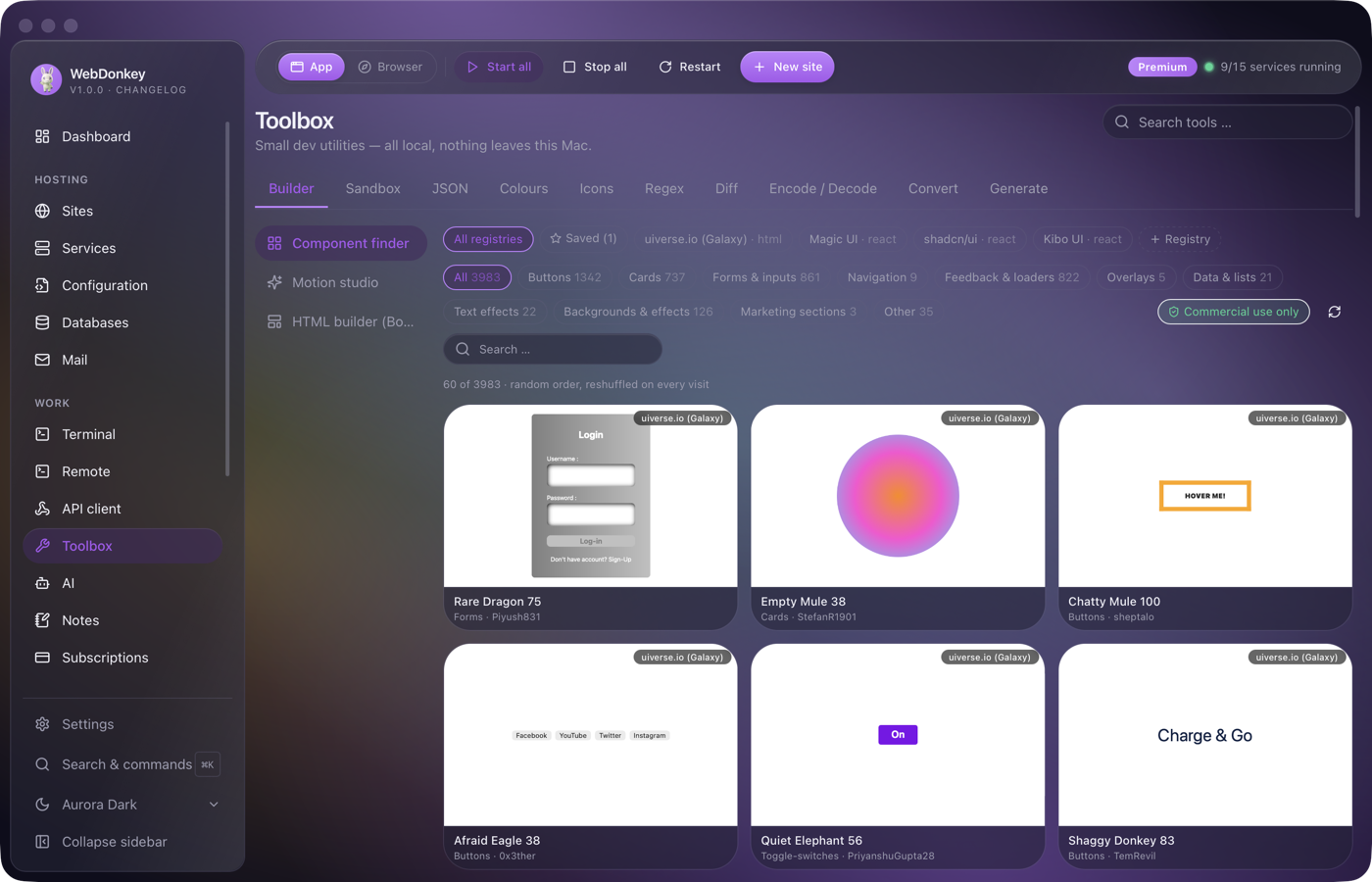 Toolbox with the component finder: a grid of UI building blocks from several registries, category chips above