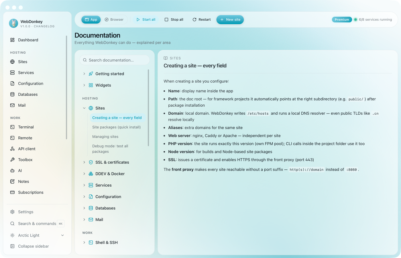 Documentation in the app with the topic tree on the left and an open chapter about sites on the right
