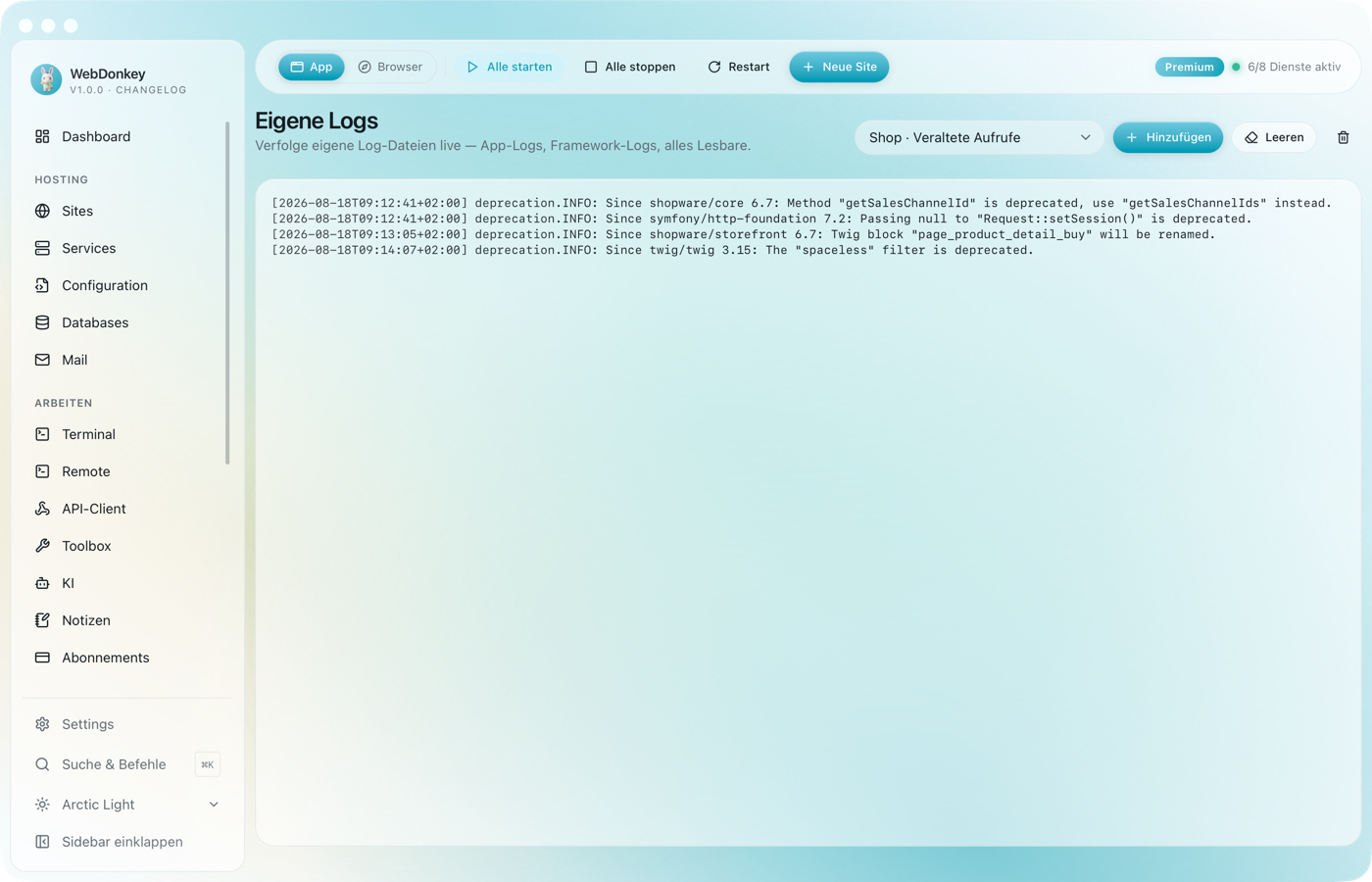 Seite Eigene Logs mit zwei registrierten Log-Dateien und Buttons zum Leeren und Entfernen