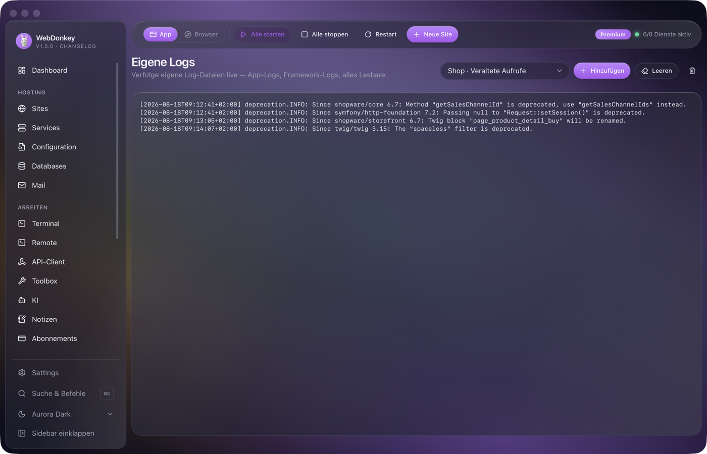 Seite Eigene Logs mit zwei registrierten Log-Dateien und Buttons zum Leeren und Entfernen